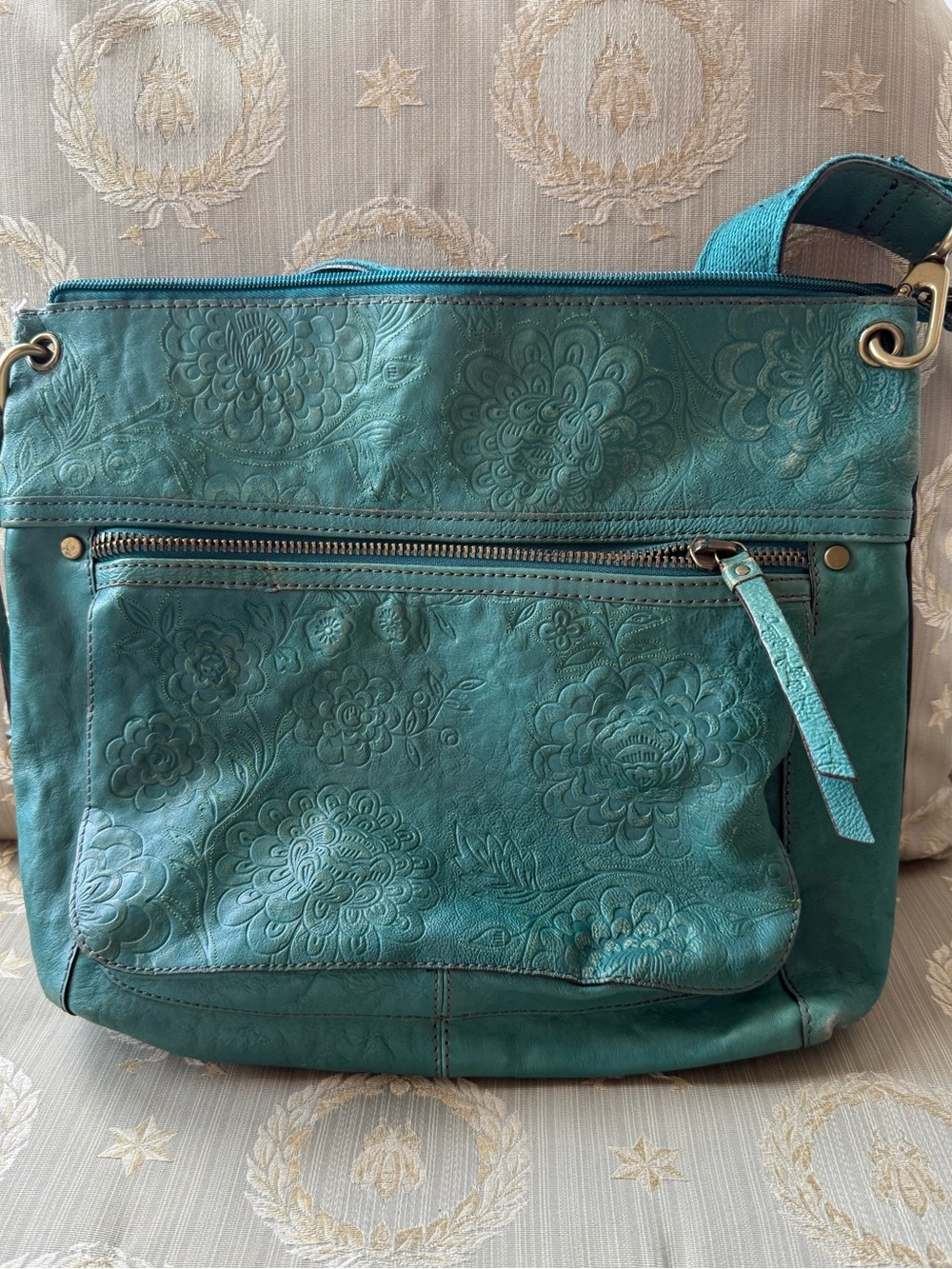 Fossil Teal Floral Embossed Leather Crossbody Bag
